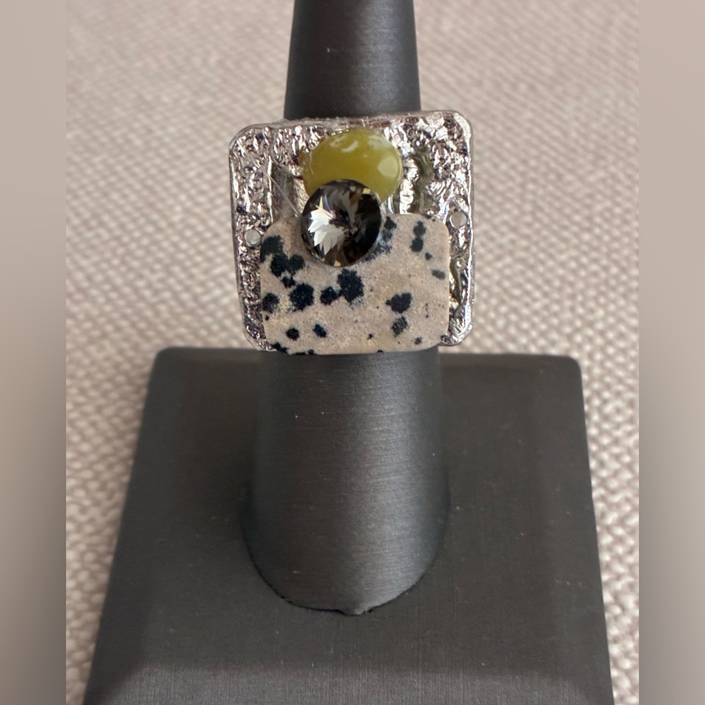 J. Jansen Austrian Crystal Jasper Stone Ring Earthy Silver Tone Abstract 7.25